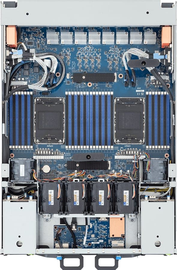 The CPU tray from above: two processor sockets and the memory banks