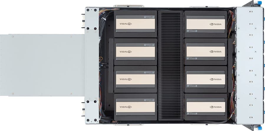 The eight-GPU HGX B300 board on its tray, from above