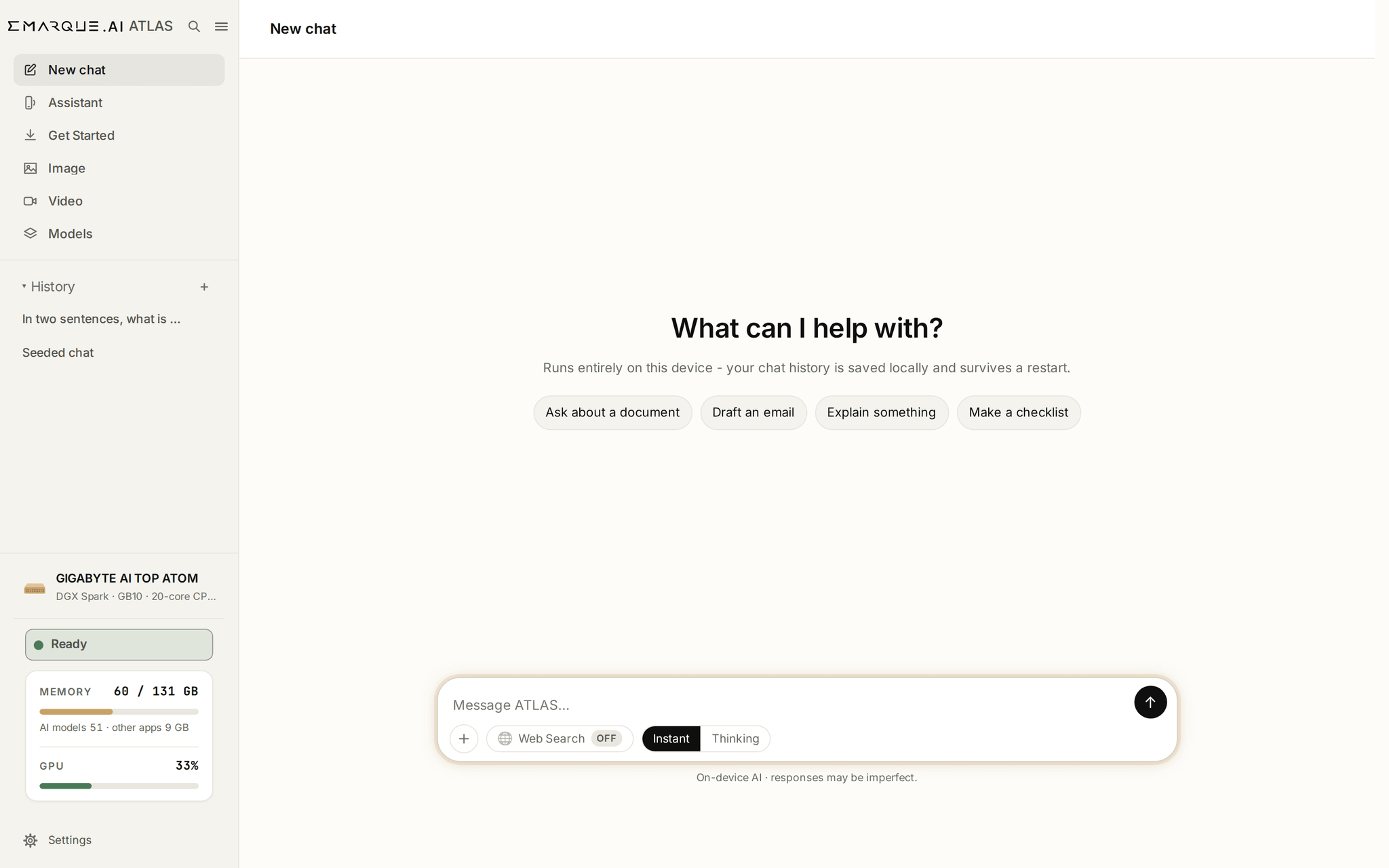The ATLAS chat screen before a question is asked, offering to work on a document, draft an email, explain something or make a checklist.