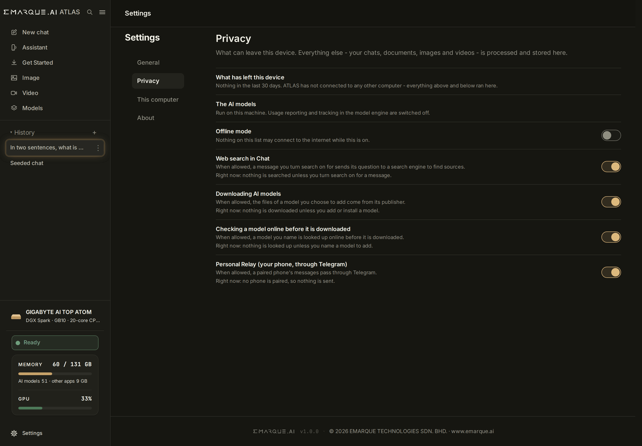 The Privacy settings page in dark mode. What has left this device reads: nothing in the last 30 days. Below it are separate switches for offline mode, web search, model downloads and the personal relay.