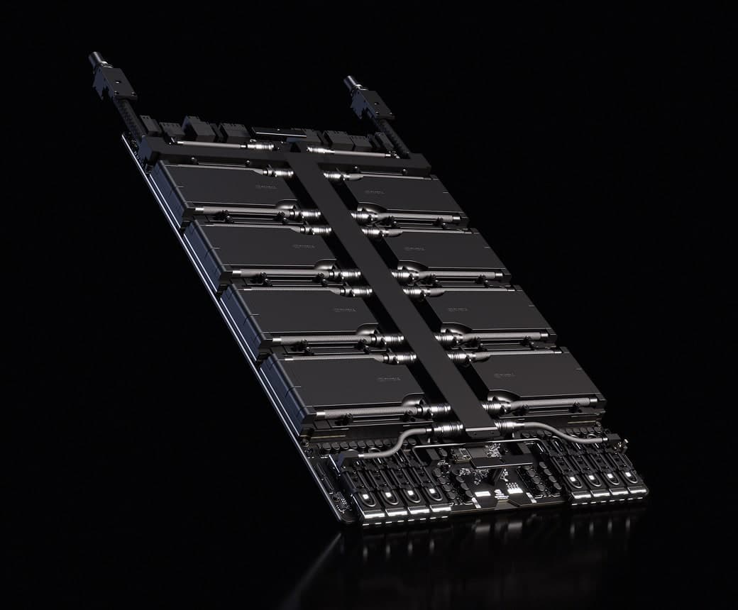 The NVIDIA HGX Rubin NVL8 board with its liquid-cooling loops